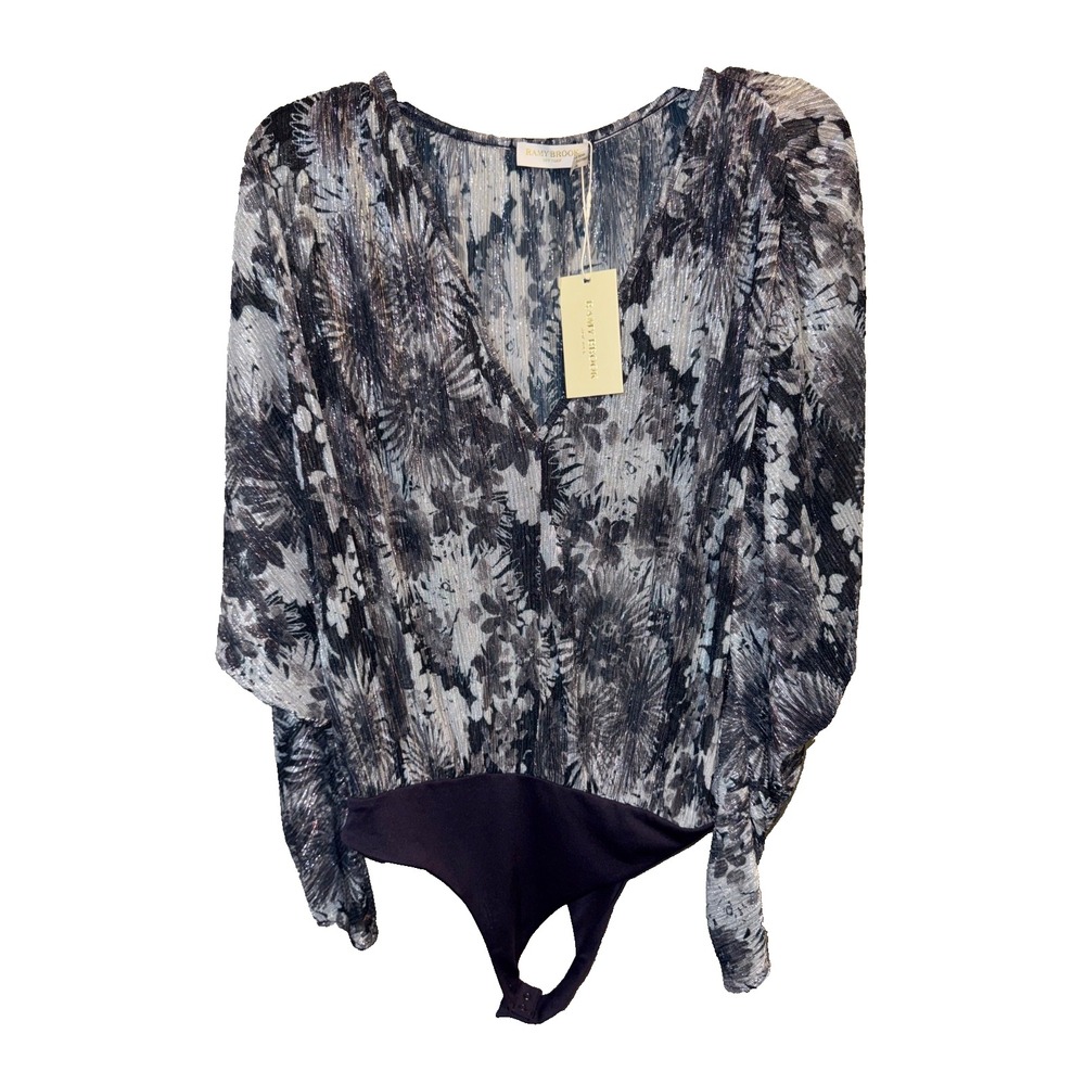 NWT Ramy Brook Women's black Margot silver Metallic Floral Bodysuit Size Medium
